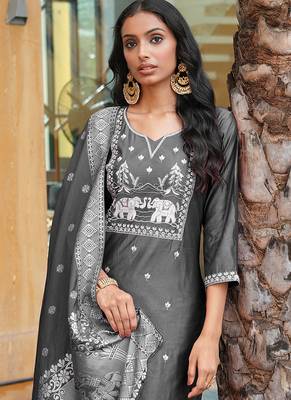 charcoal grey art silk embroidered kurta set 3
