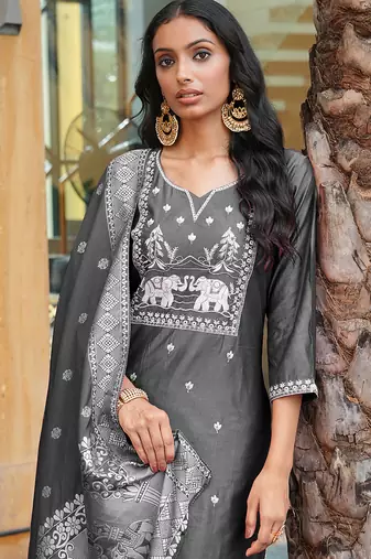 charcoal grey art silk embroidered kurta set