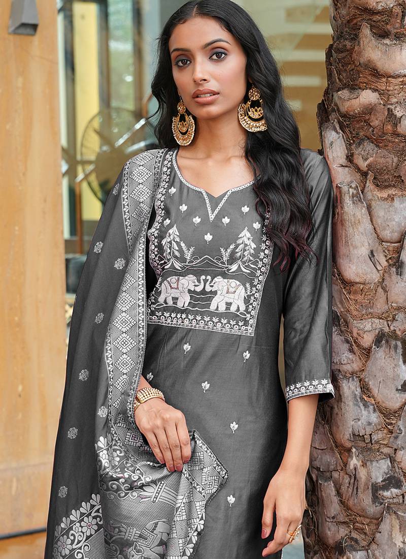charcoal grey art silk embroidered kurta set