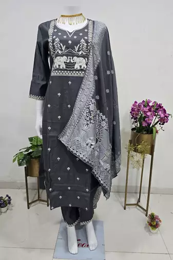 charcoal grey art silk embroidered kurta set