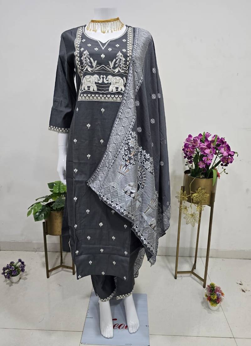 charcoal grey art silk embroidered kurta set