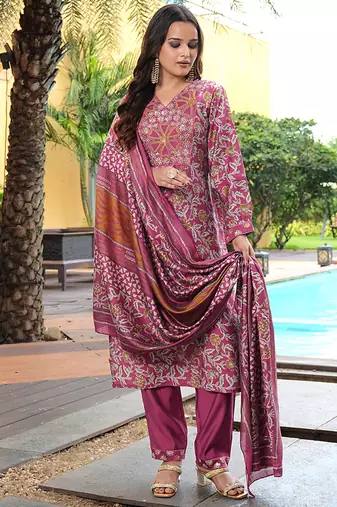 maroon printed kurta set with dupatta