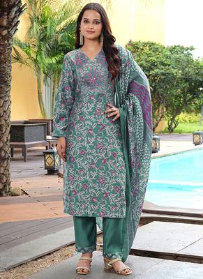 teal green printed kurta set with dupatta 1