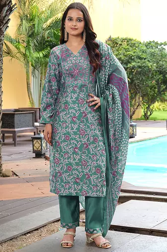 teal green printed kurta set with dupatta