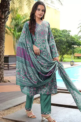 teal green printed kurta set with dupatta