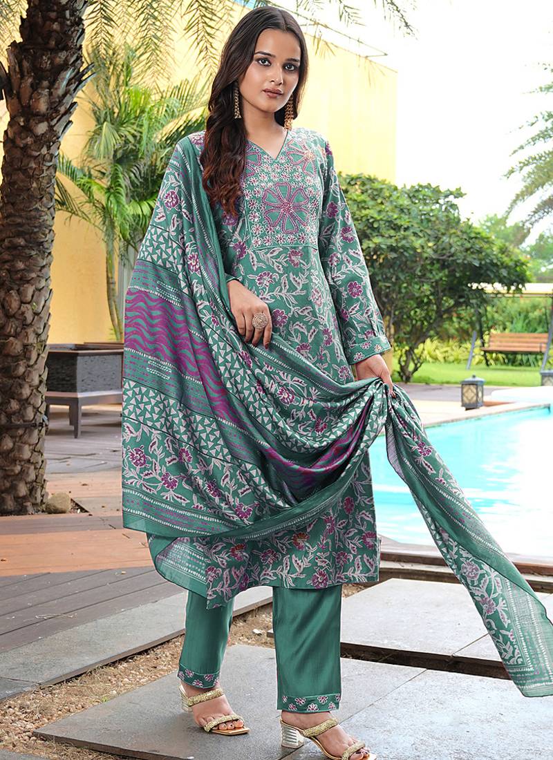 teal green printed kurta set with dupatta