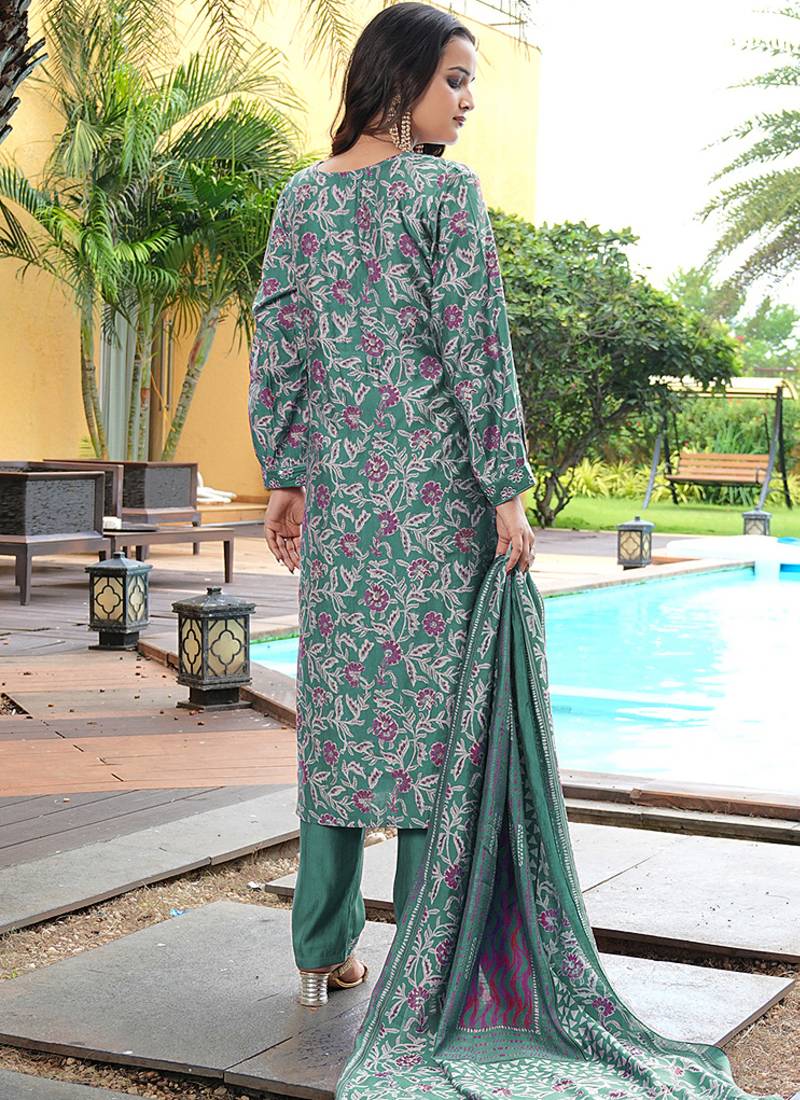 teal green printed kurta set with dupatta