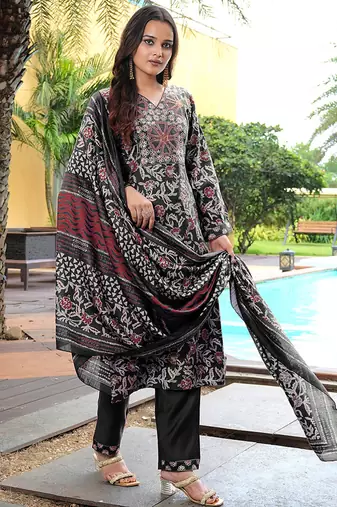 black printed kurta set with dupatta