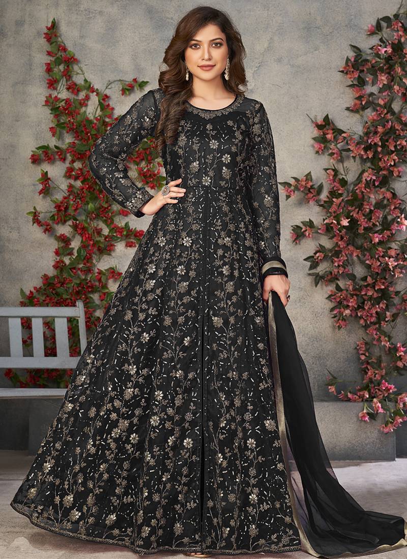 black embroidered anarkali gown with dupatta