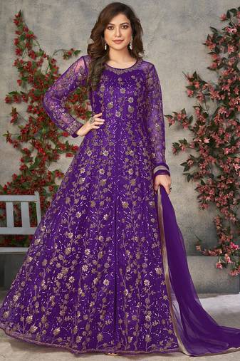 violet embroidered anarkali gown with dupatta