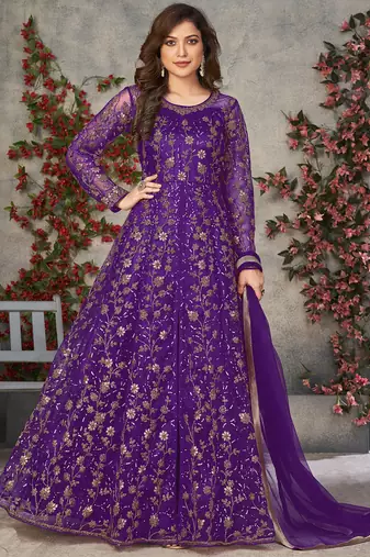 violet embroidered anarkali gown with dupatta