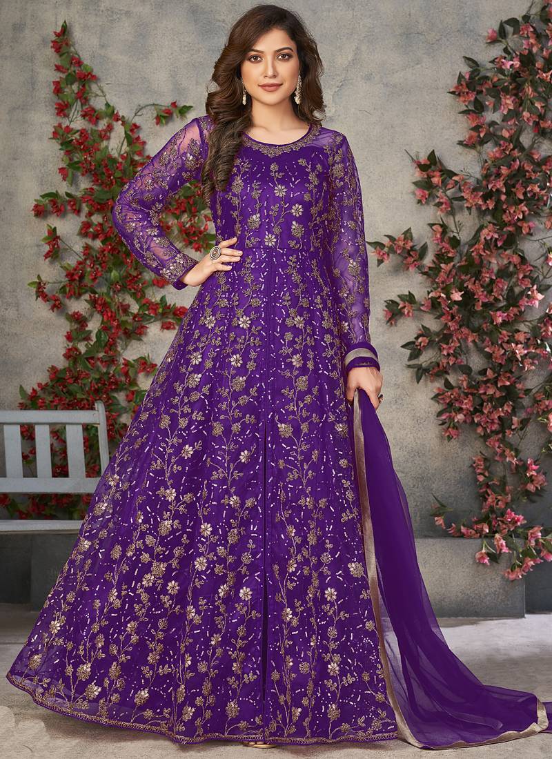 violet embroidered anarkali gown with dupatta