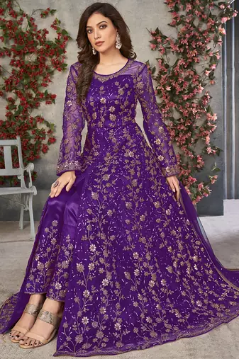 violet embroidered anarkali gown with dupatta
