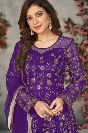 violet embroidered anarkali gown with dupatta