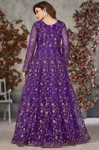 violet embroidered anarkali gown with dupatta