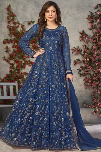 blue embroidered anarkali gown with dupatta