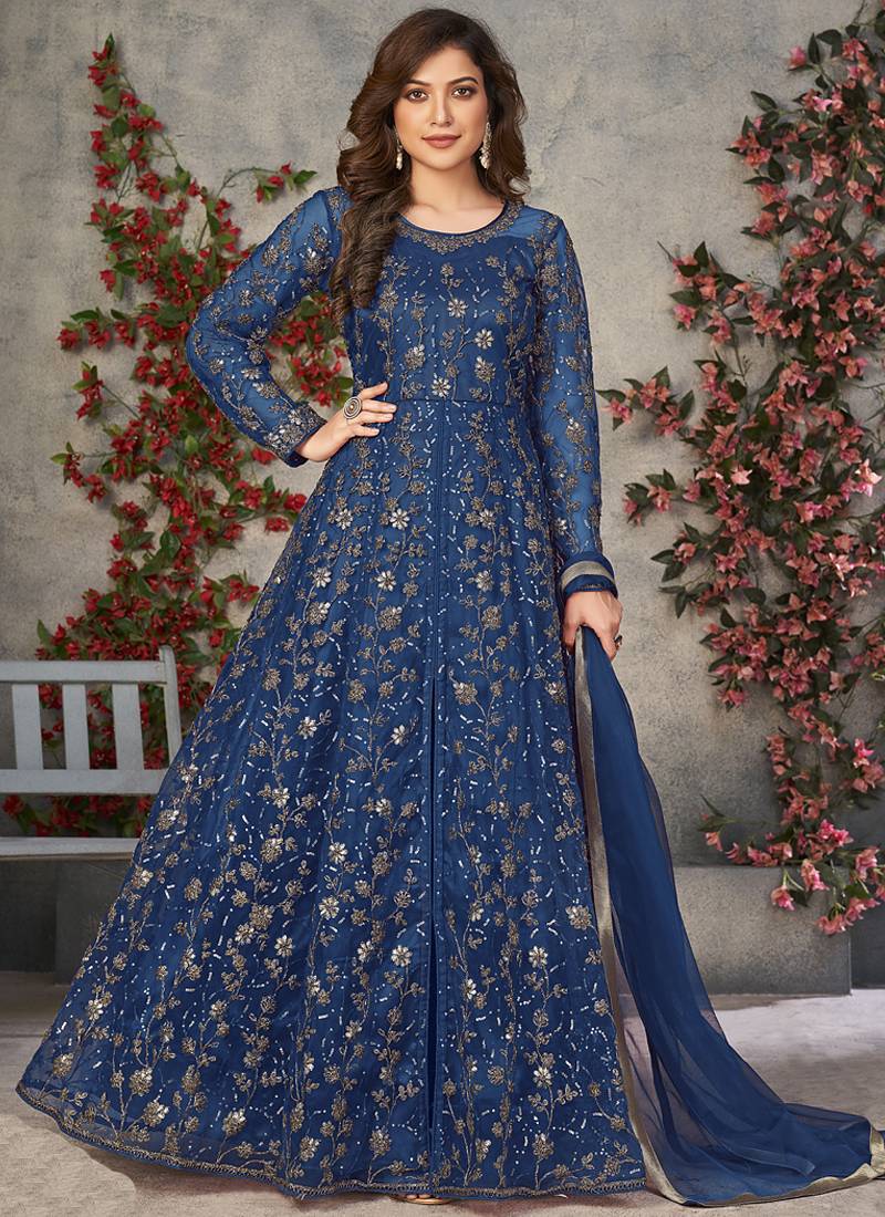 blue embroidered anarkali gown with dupatta