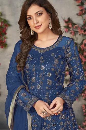 blue embroidered anarkali gown with dupatta