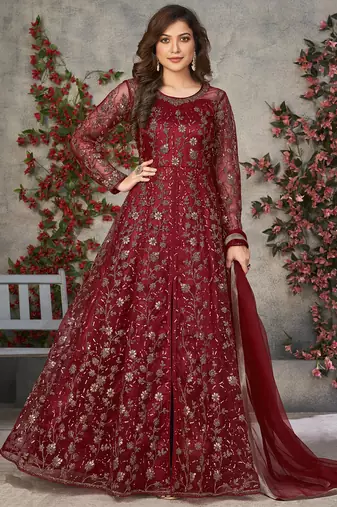 maroon embroidered anarkali gown with dupatta