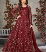 maroon embroidered anarkali gown with dupatta