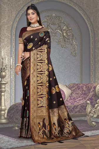 Dark Maroon Satin Silk Banarasi Saree with Heavy Gold Zari Weaving | Wedding & Festive Wear by Maharanga