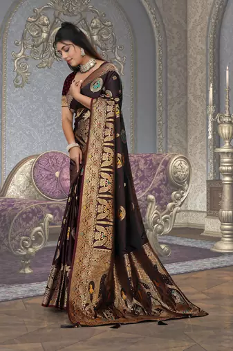 dark maroon satin bridal saree with blouse