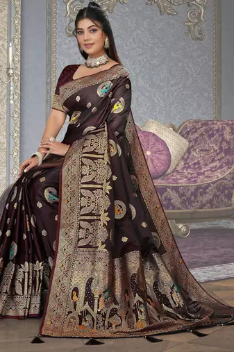 dark maroon satin bridal saree with blouse
