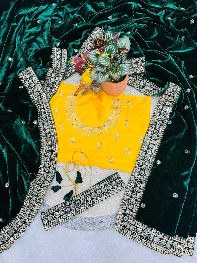emerald green velvet bridal saree with blouse