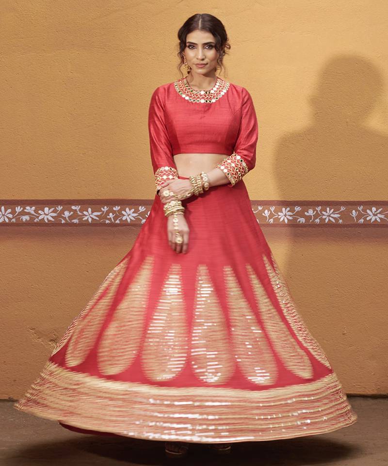 red silk mirror & gold embroidered wedding lehenga
