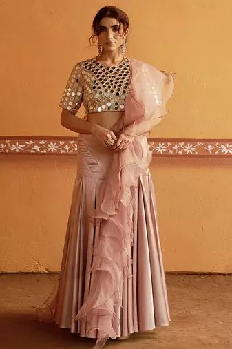 pink silk mirror embroidered wedding lehenga choli