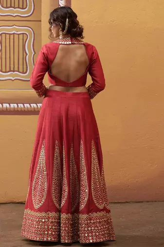 red silk mirror & gold embroidered wedding lehenga