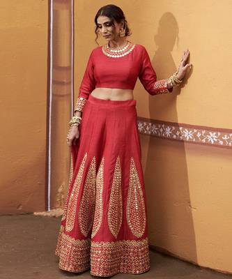 red silk mirror & gold embroidered wedding lehenga 4