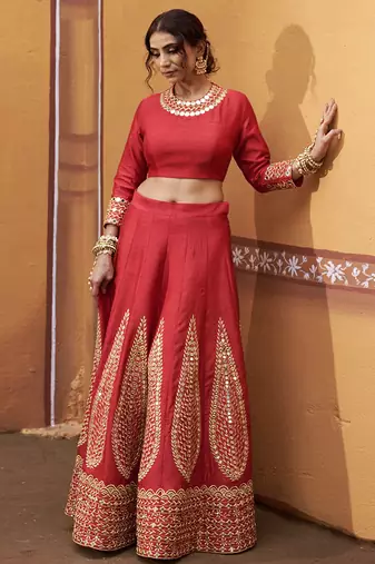 red silk mirror & gold embroidered wedding lehenga