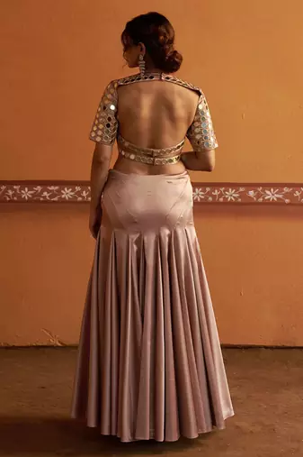 pink silk mirror embroidered wedding lehenga choli