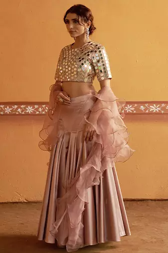 pink silk mirror embroidered wedding lehenga choli