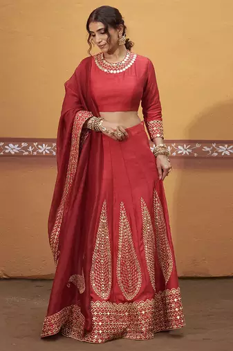 red silk mirror & gold embroidered wedding lehenga