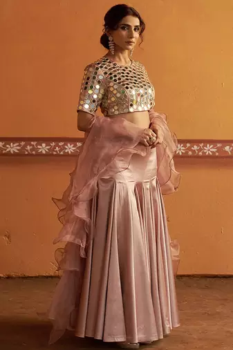pink silk mirror embroidered wedding lehenga choli