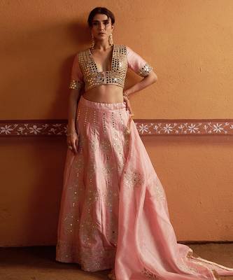 pink silk mirror & gold embroidered wedding lehenga 1