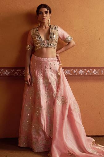 pink silk mirror & gold embroidered wedding lehenga