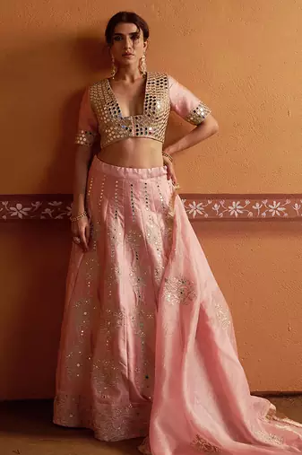 pink silk mirror & gold embroidered wedding lehenga