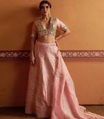 pink silk mirror & gold embroidered wedding lehenga
