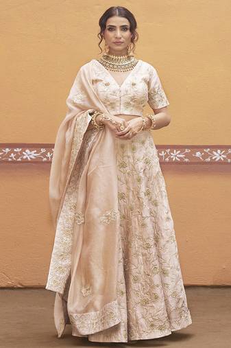 white silk gold embroidered wedding a-line lehenga