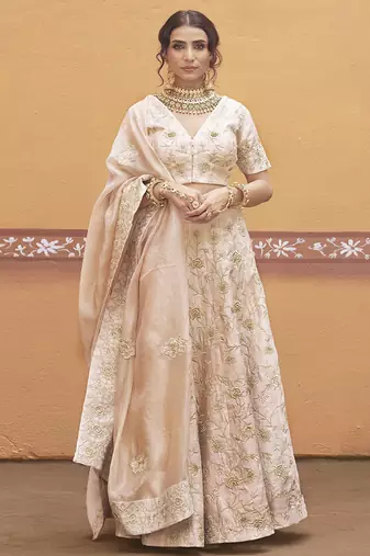 white silk gold embroidered wedding a-line lehenga