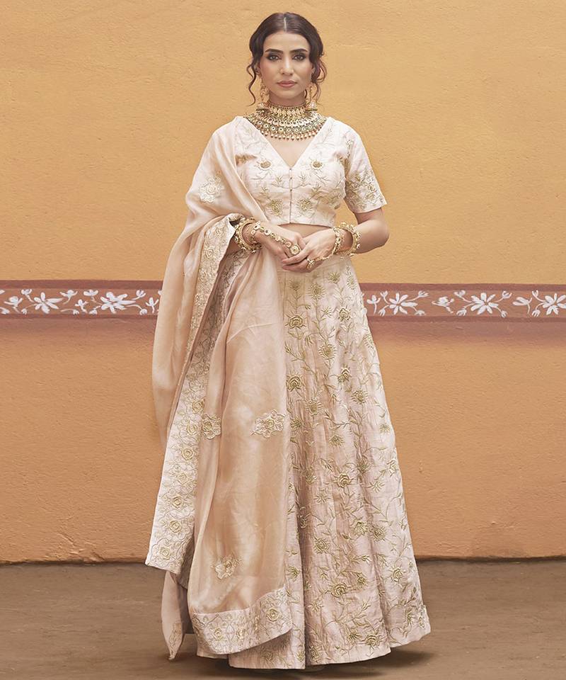 white silk gold embroidered wedding a-line lehenga