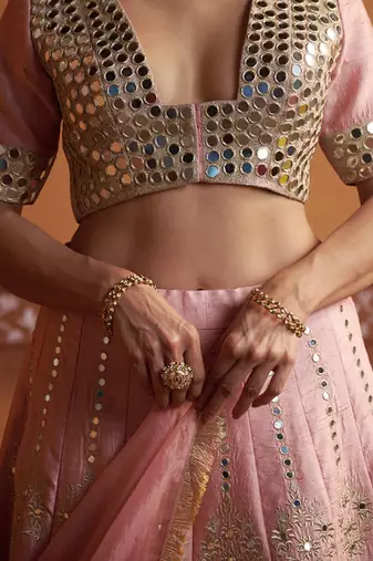 pink silk mirror & gold embroidered wedding lehenga