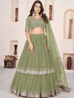 olive green a line lehenga choli with silver embroidery 1