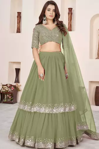 olive green a line lehenga choli with silver embroidery