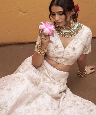 white silk gold embroidered wedding a-line lehenga 2