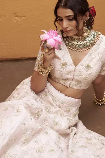 white silk gold embroidered wedding a-line lehenga