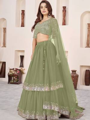 olive green a line lehenga choli with silver embroidery 2